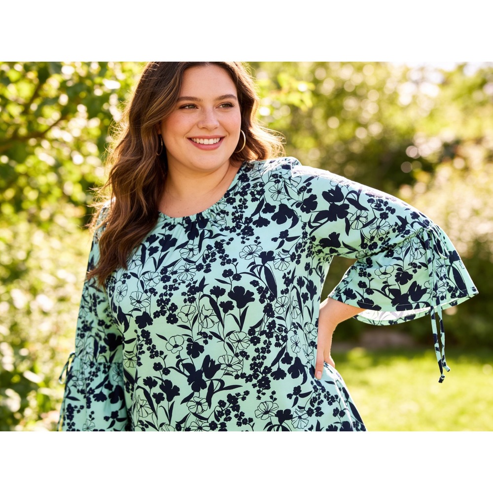 Liz Claiborne Career Womens XL Mint Green Navy Floral Bell Sleeve Tie Blouse Top